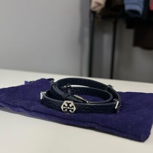 Tory Burch Navy Leather Double-Wrap Logo Bracelet with Silver Hardware